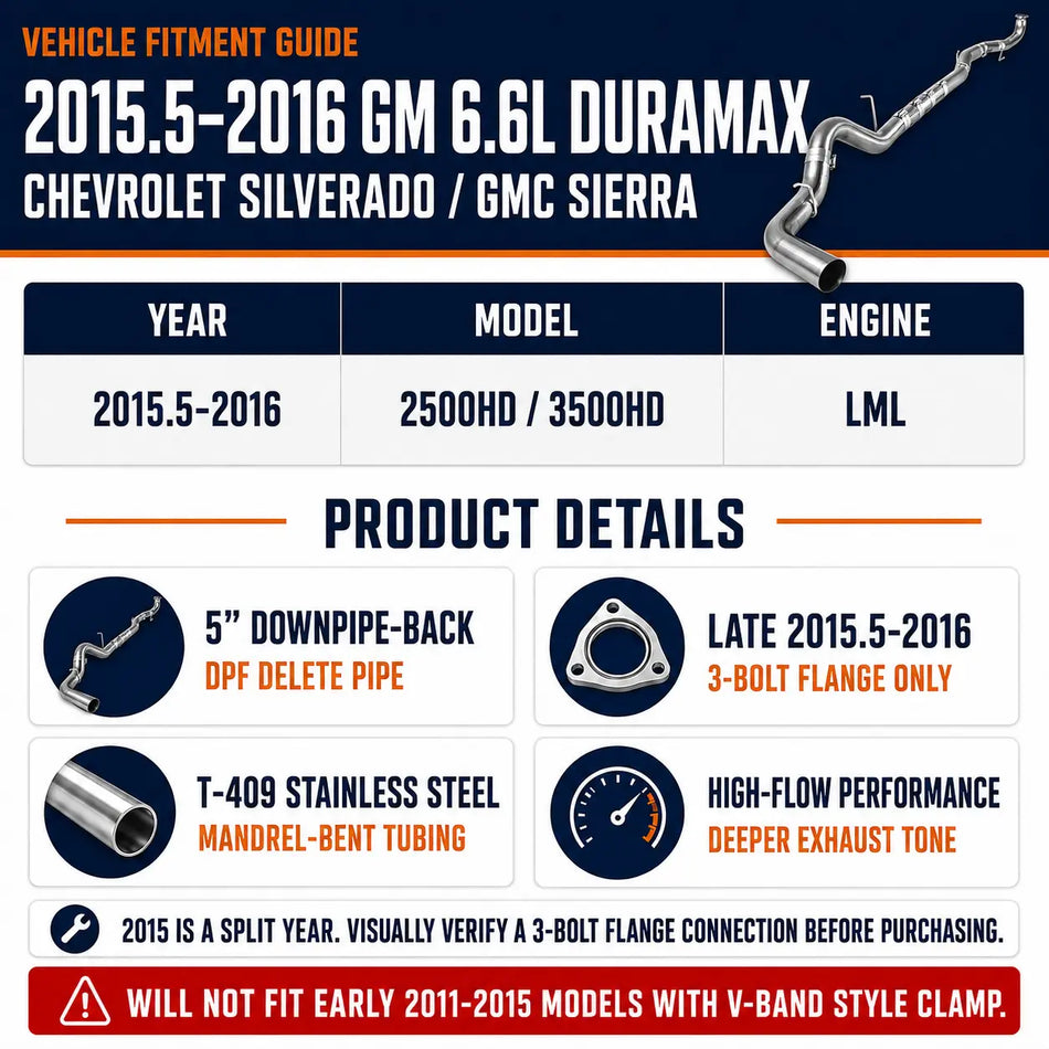 2015.5-2016 6.6L GM Duramax LML 5" Downpipe-Back DPF Delete Pipe DieselPerf