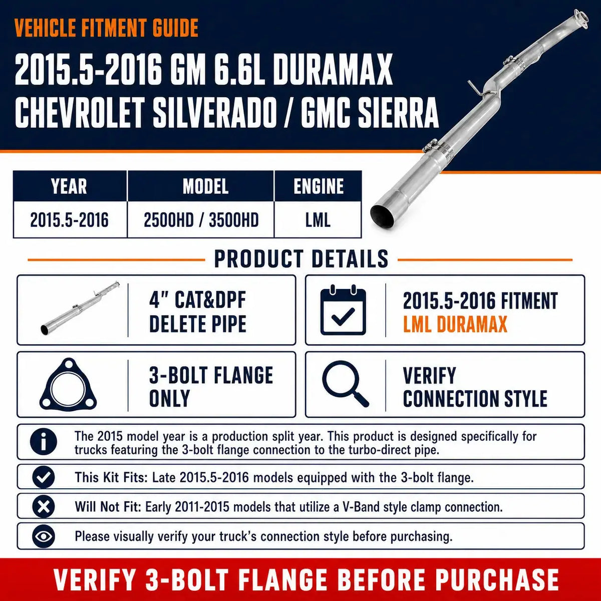 2015.5-2016 6.6L GM Duramax LML 4" CAT&DPF Delete Pipe DieselPerf