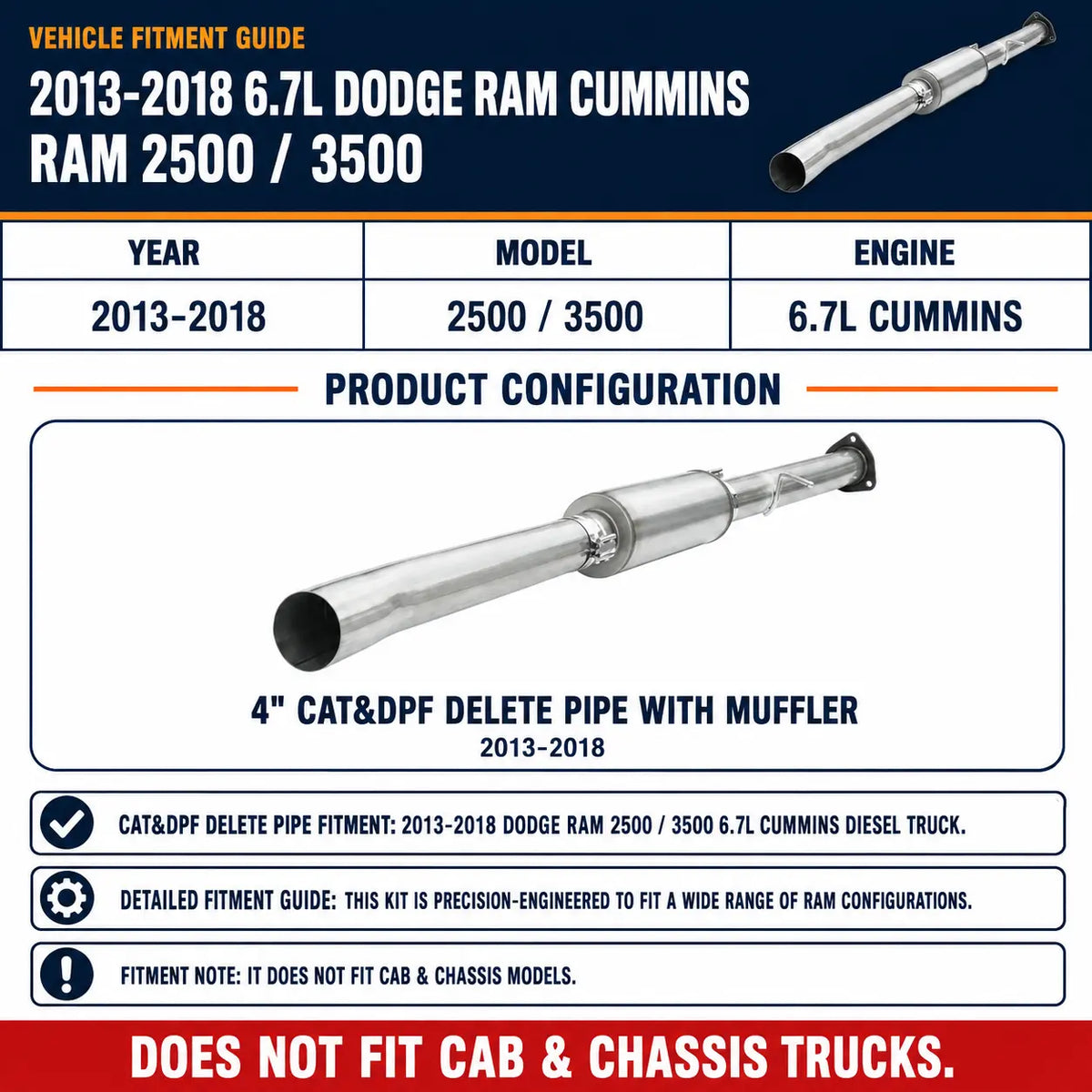 2013-2018 6.7L Dodge Ram Cummins 4" CAT&DPF Delete Pipe With Muffler DieselPerf