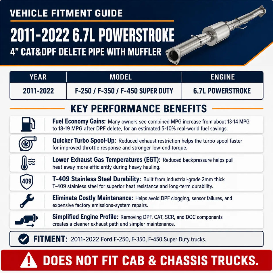 2011-2022 6.7L Powerstroke 4'' Cat&DPF Delete Pipe With Muffler DieselPerf