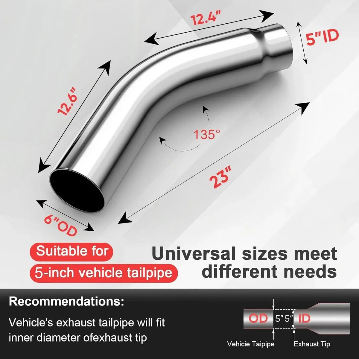 5'' in 6'' Out Chrome Turn down Diesel Side Exit Exhaust Elbow Tip with a Clamp DieselPerf