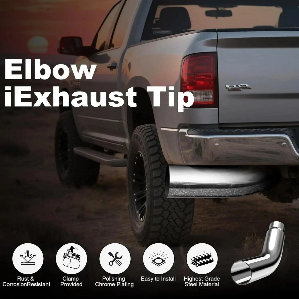 4'' in 5'' Out Chrome Turn down Diesel Side Exit Exhaust Elbow Tip with a Clamp DieselPerf